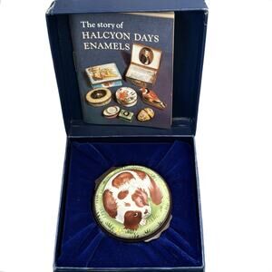 Vintage Halcyon Days King Charles Spaniel Enamel Bonbonniere Trinket Box w/Box